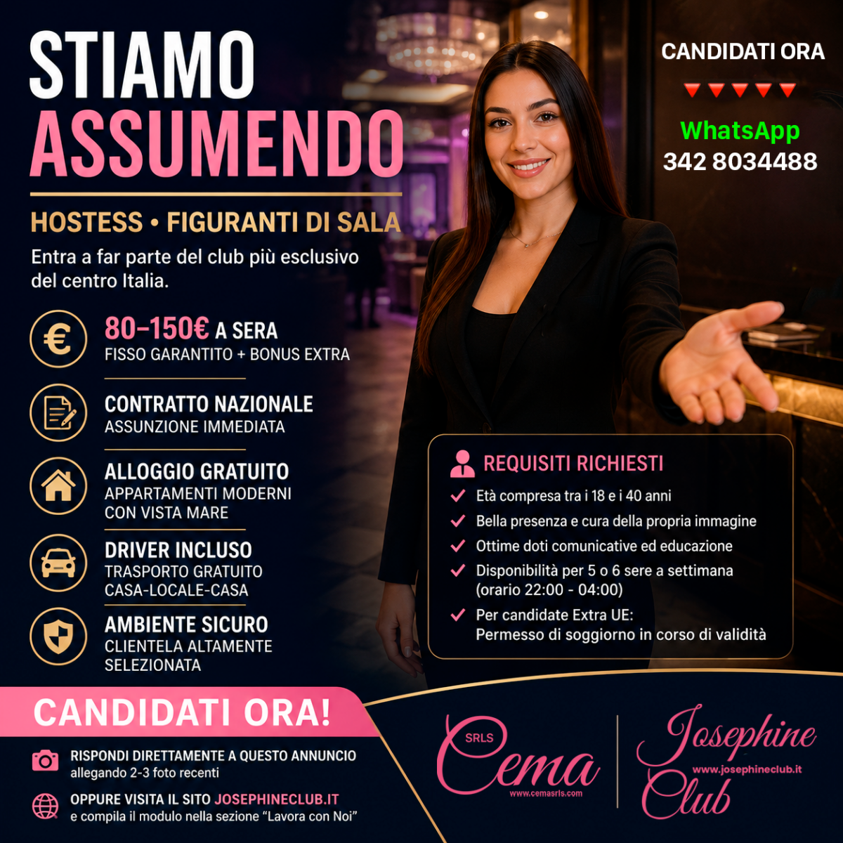 Flyer pubblicitario con la scritta in evidenza "Stiamo assumendo Hostess e Figuranti di sala". A destra è ritratta una donna sorridente in abito formale che accoglie i candidati, mentre a sinistra sono elencati i vantaggi dell'offerta (compenso da 80 a 150 euro a sera, contratto nazionale, alloggio gratuito, driver incluso e ambiente sicuro) e i contatti per le candidature.