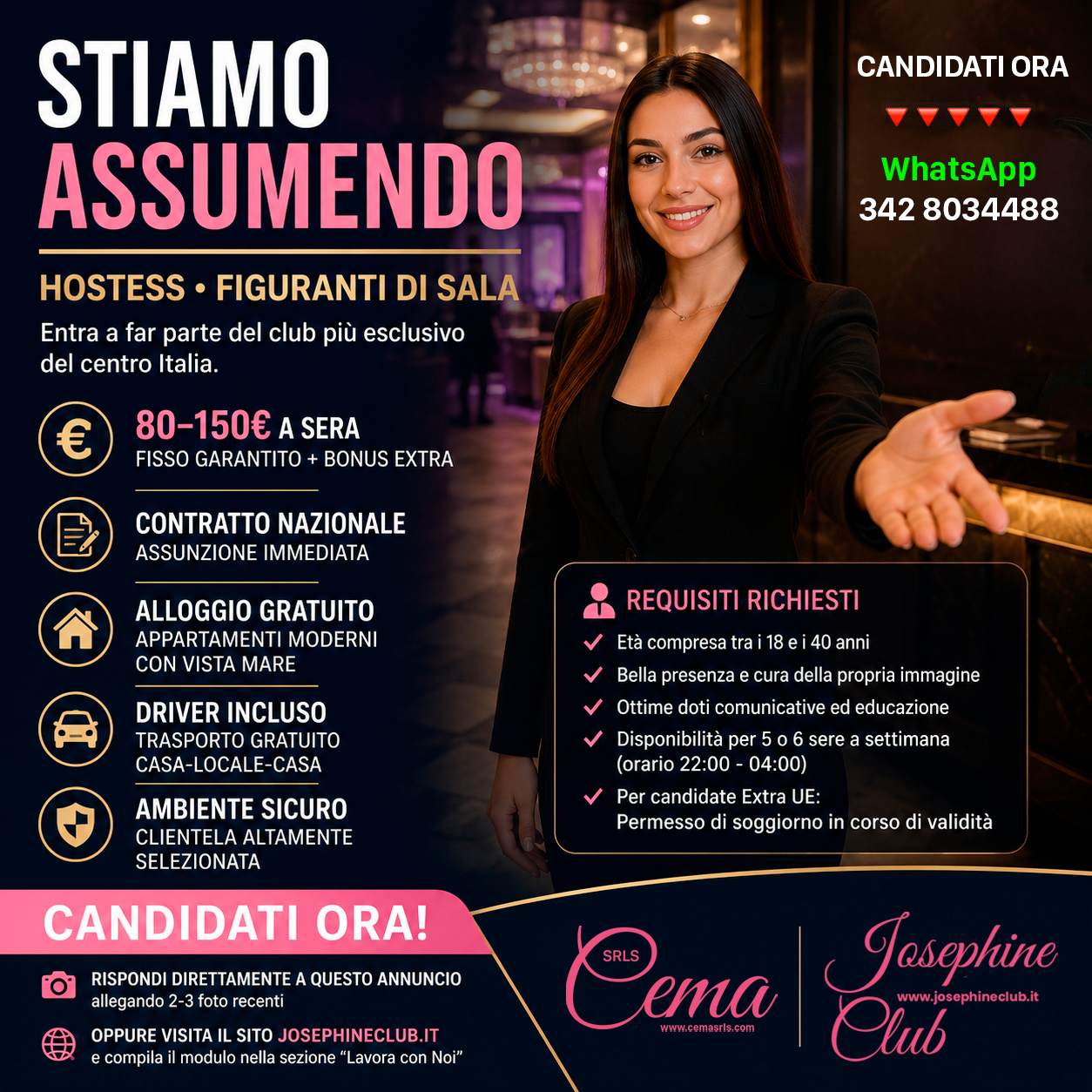 Lavora Con Noi 14 Flyer pubblicitario con la scritta in evidenza "Stiamo assumendo Hostess e Figuranti di sala". A destra è ritratta una donna sorridente in abito formale che accoglie i candidati, mentre a sinistra sono elencati i vantaggi dell'offerta (compenso da 80 a 150 euro a sera, contratto nazionale, alloggio gratuito, driver incluso e ambiente sicuro) e i contatti per le candidature.